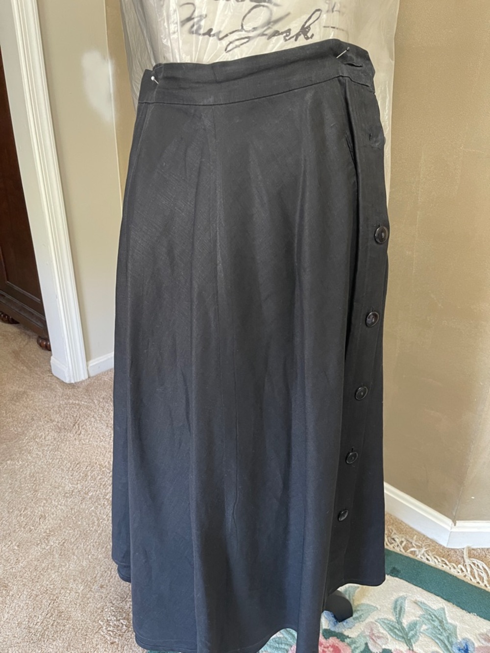 Classic Black Linen Maxi Skirt with Side Button and Pockets Detail
